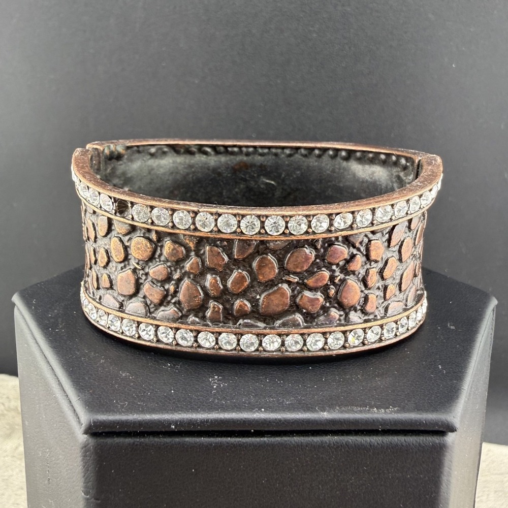 Vintage Estate Bangle Bracelet Copper Tone Pebbled Rhinestone Hinged 6.5in